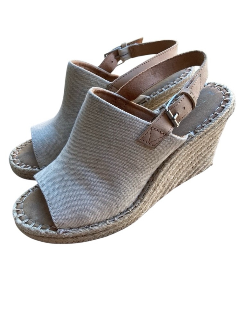 TOMS Size 9 Tan Canvas Espadrille Wedge Sandals Slingback Platform Summer